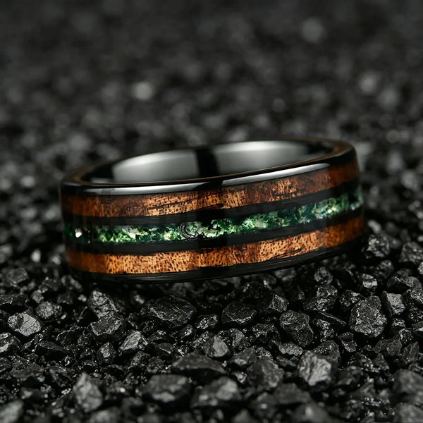 New Moss Agate & Whiskey Barrel Wood Silver Tungsten Wedding Ring 8mm Promise Bands Personalized Ring Comfort Fit