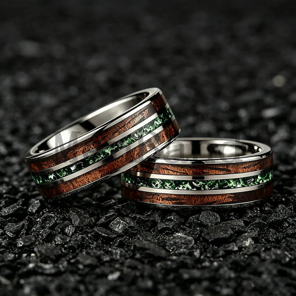 New Moss Agate & Whiskey Barrel Wood Silver Tungsten Wedding Ring 8mm Promise Bands Personalized Ring Comfort Fit