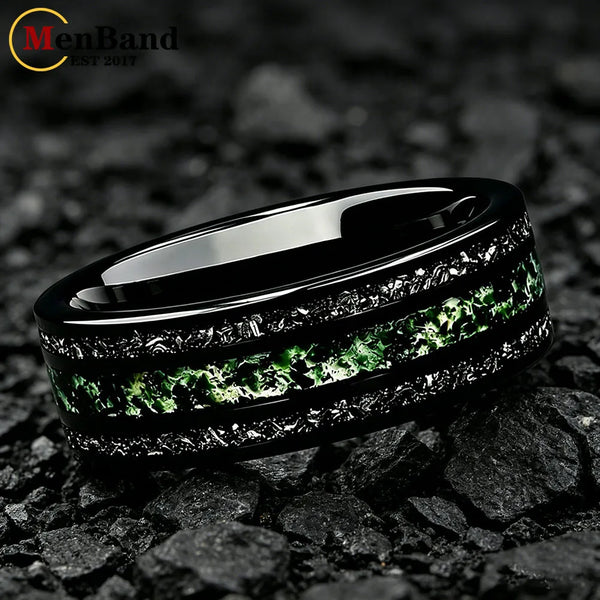 Dropshipping New Style Moss Agate & Meteorite Silver Tungsten Wedding Ring 8mm Promise Bands Personalized Ring Comfort Fit
