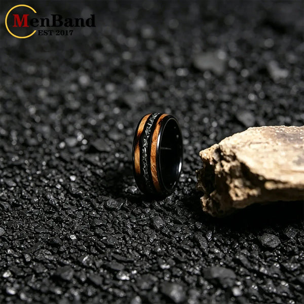Dropshipping New Whiskey Barrel Wood & Meteorite Black Tungsten Wedding Ring 8mm Promise Bands Personalized Ring Comfort Fit
