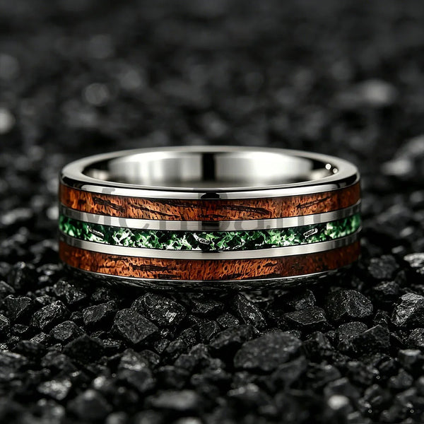 New Moss Agate & Whiskey Barrel Wood Silver Tungsten Wedding Ring 8mm Promise Bands Personalized Ring Comfort Fit