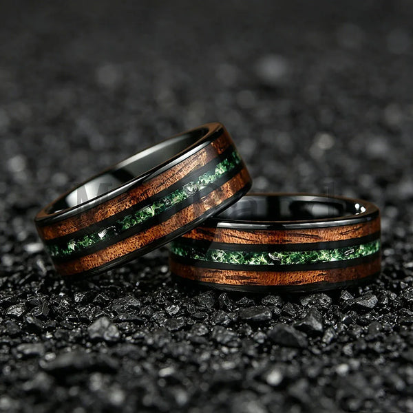 New Moss Agate & Whiskey Barrel Wood Silver Tungsten Wedding Ring 8mm Promise Bands Personalized Ring Comfort Fit