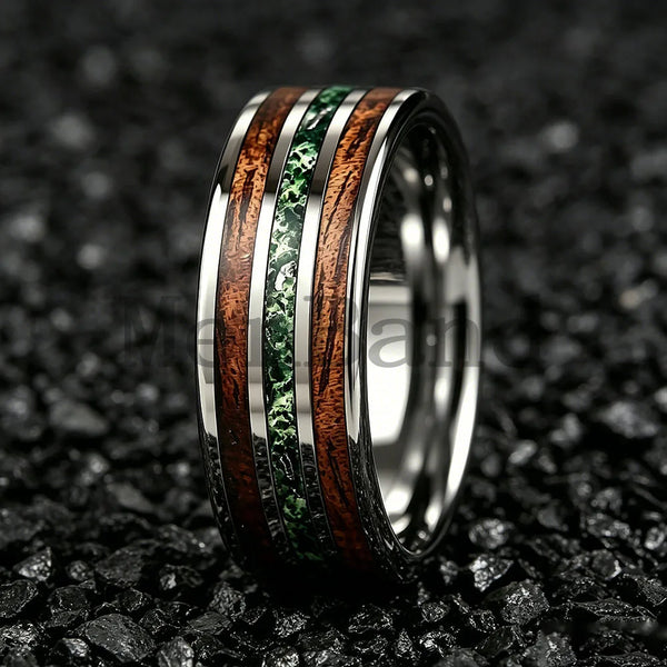 New Moss Agate & Whiskey Barrel Wood Silver Tungsten Wedding Ring 8mm Promise Bands Personalized Ring Comfort Fit