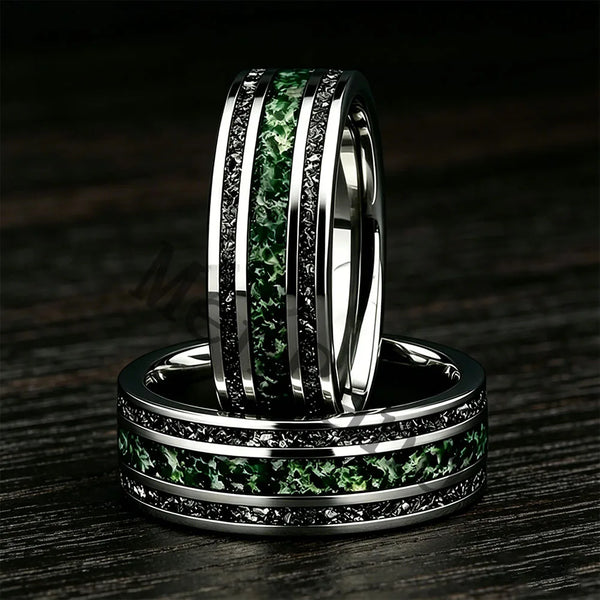 Dropshipping New Style Moss Agate & Meteorite Silver Tungsten Wedding Ring 8mm Promise Bands Personalized Ring Comfort Fit