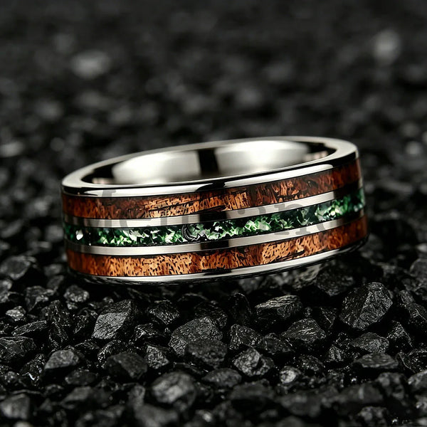 New Moss Agate & Whiskey Barrel Wood Silver Tungsten Wedding Ring 8mm Promise Bands Personalized Ring Comfort Fit