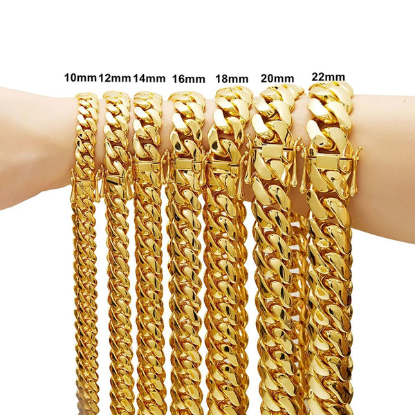 Hip Hop Bling Gold Color Stainless Steel Dense Cuban Miami Link Chain Necklaces For Men Rapper Jewelry