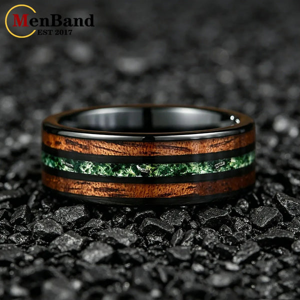 New Moss Agate & Whiskey Barrel Wood Silver Tungsten Wedding Ring 8mm Promise Bands Personalized Ring Comfort Fit