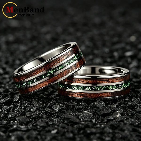 New Moss Agate & Whiskey Barrel Wood Silver Tungsten Wedding Ring 8mm Promise Bands Personalized Ring Comfort Fit
