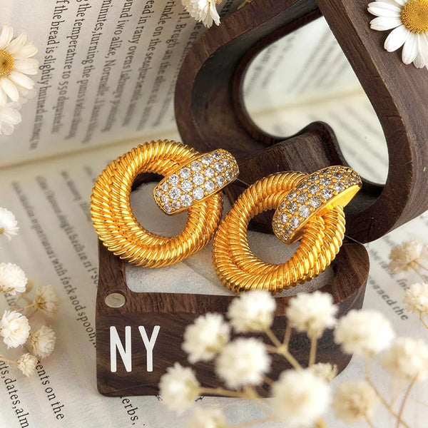 Luxury 9999 24K Solid gold certifid French retro choker twist double ring large earrings high-end earrings