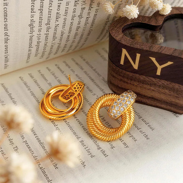 Luxury 9999 24K Solid gold certifid French retro choker twist double ring large earrings high-end earrings
