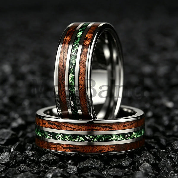 New Moss Agate & Whiskey Barrel Wood Silver Tungsten Wedding Ring 8mm Promise Bands Personalized Ring Comfort Fit