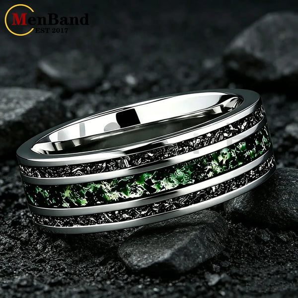 Dropshipping New Style Moss Agate & Meteorite Silver Tungsten Wedding Ring 8mm Promise Bands Personalized Ring Comfort Fit