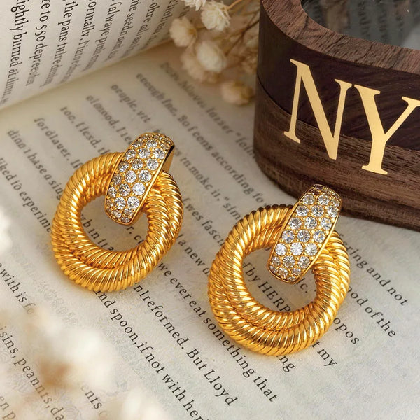 Luxury 9999 24K Solid gold certifid French retro choker twist double ring large earrings high-end earrings