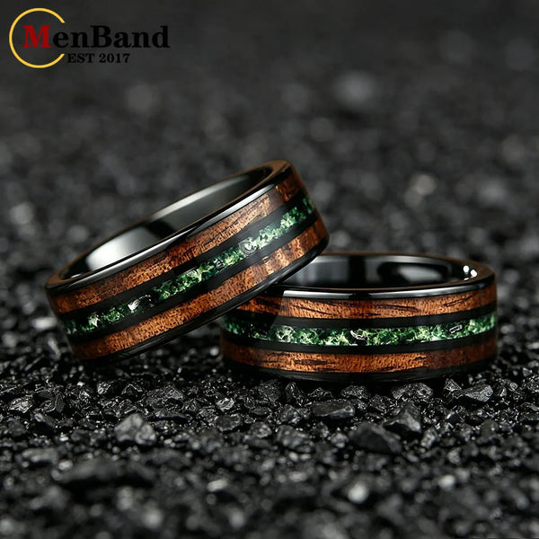 New Moss Agate & Whiskey Barrel Wood Silver Tungsten Wedding Ring 8mm Promise Bands Personalized Ring Comfort Fit