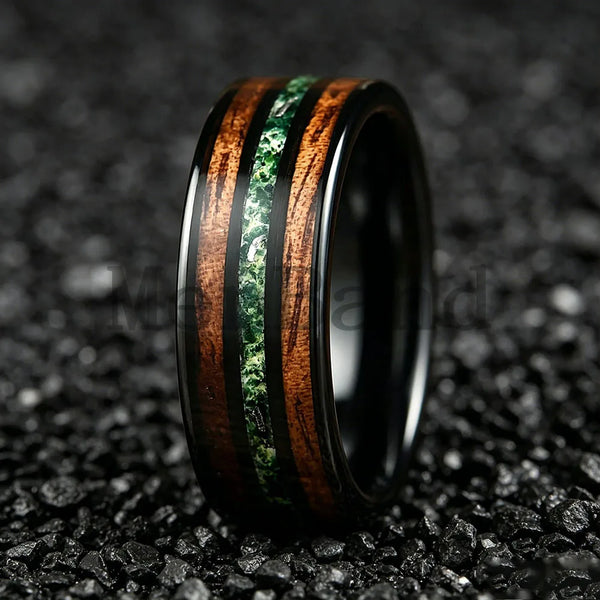 New Moss Agate & Whiskey Barrel Wood Silver Tungsten Wedding Ring 8mm Promise Bands Personalized Ring Comfort Fit