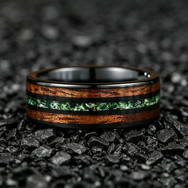 New Moss Agate & Whiskey Barrel Wood Silver Tungsten Wedding Ring 8mm Promise Bands Personalized Ring Comfort Fit