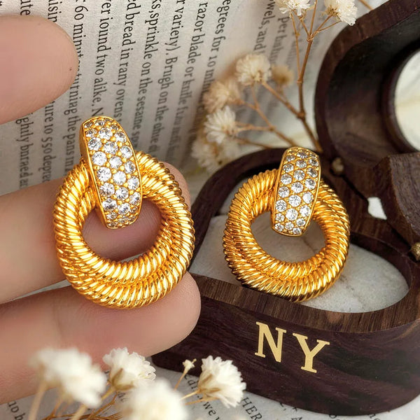 Luxury 9999 24K Solid gold certifid French retro choker twist double ring large earrings high-end earrings