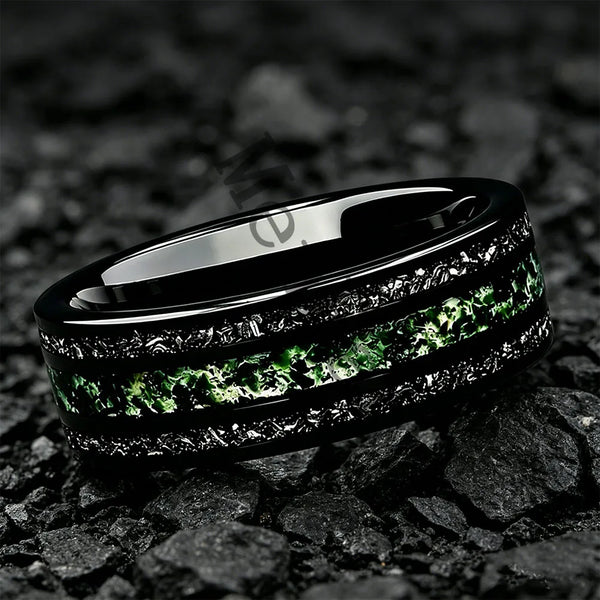 Dropshipping New Style Moss Agate & Meteorite Silver Tungsten Wedding Ring 8mm Promise Bands Personalized Ring Comfort Fit