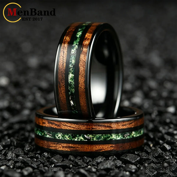 New Moss Agate & Whiskey Barrel Wood Silver Tungsten Wedding Ring 8mm Promise Bands Personalized Ring Comfort Fit