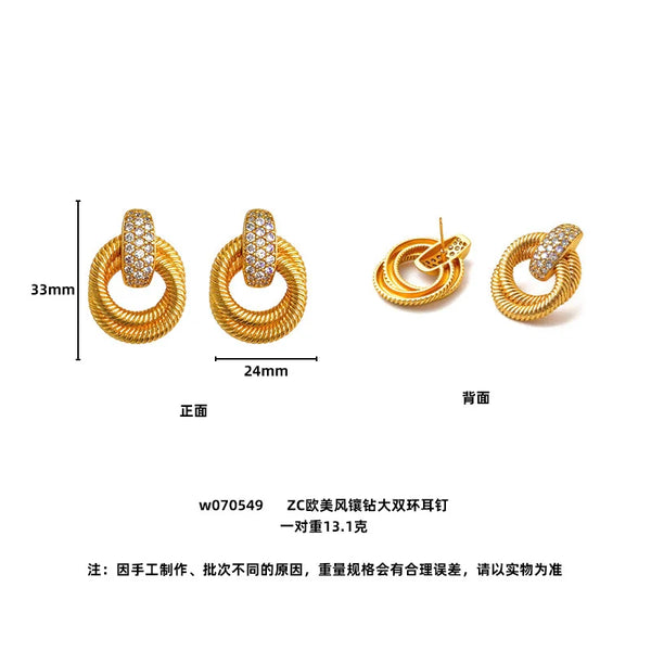 Luxury 9999 24K Solid gold certifid French retro choker twist double ring large earrings high-end earrings