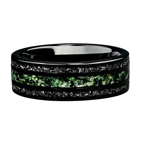 Dropshipping New Style Moss Agate & Meteorite Silver Tungsten Wedding Ring 8mm Promise Bands Personalized Ring Comfort Fit
