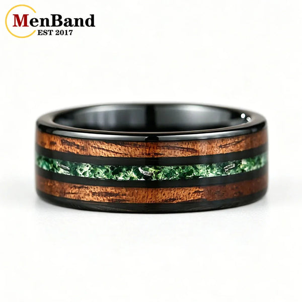 New Moss Agate & Whiskey Barrel Wood Silver Tungsten Wedding Ring 8mm Promise Bands Personalized Ring Comfort Fit