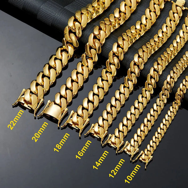 Hip Hop Bling Gold Color Stainless Steel Dense Cuban Miami Link Chain Necklaces For Men Rapper Jewelry