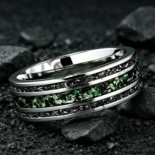Dropshipping New Style Moss Agate & Meteorite Silver Tungsten Wedding Ring 8mm Promise Bands Personalized Ring Comfort Fit