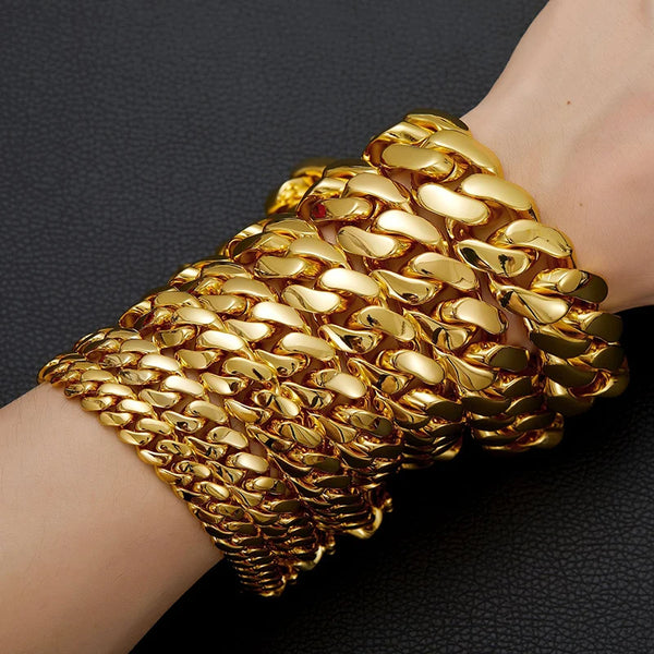 Hip Hop Bling Gold Color Stainless Steel Dense Cuban Miami Link Chain Necklaces For Men Rapper Jewelry