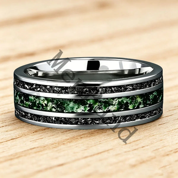 Dropshipping New Style Moss Agate & Meteorite Silver Tungsten Wedding Ring 8mm Promise Bands Personalized Ring Comfort Fit