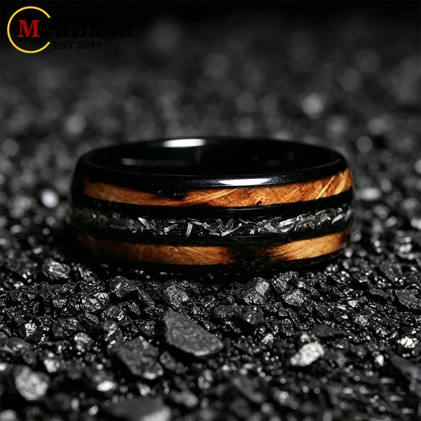 Dropshipping New Whiskey Barrel Wood & Meteorite Black Tungsten Wedding Ring 8mm Promise Bands Personalized Ring Comfort Fit