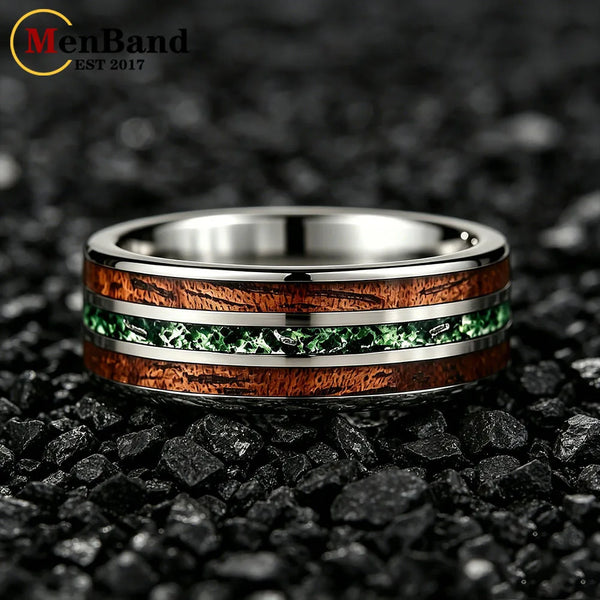 New Moss Agate & Whiskey Barrel Wood Silver Tungsten Wedding Ring 8mm Promise Bands Personalized Ring Comfort Fit