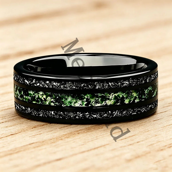 Dropshipping New Style Moss Agate & Meteorite Silver Tungsten Wedding Ring 8mm Promise Bands Personalized Ring Comfort Fit
