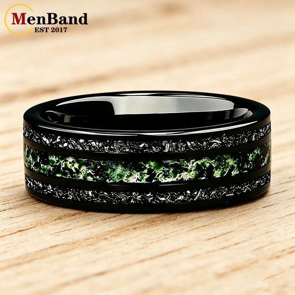 Dropshipping New Style Moss Agate & Meteorite Silver Tungsten Wedding Ring 8mm Promise Bands Personalized Ring Comfort Fit
