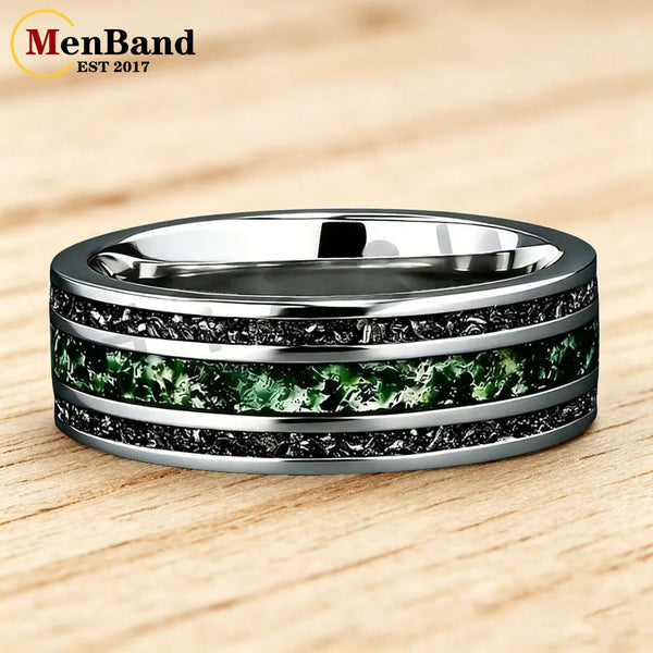 Dropshipping New Style Moss Agate & Meteorite Silver Tungsten Wedding Ring 8mm Promise Bands Personalized Ring Comfort Fit