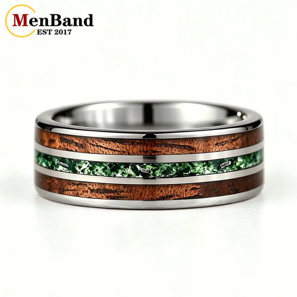 New Moss Agate & Whiskey Barrel Wood Silver Tungsten Wedding Ring 8mm Promise Bands Personalized Ring Comfort Fit
