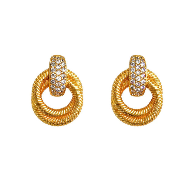 Luxury 9999 24K Solid gold certifid French retro choker twist double ring large earrings high-end earrings